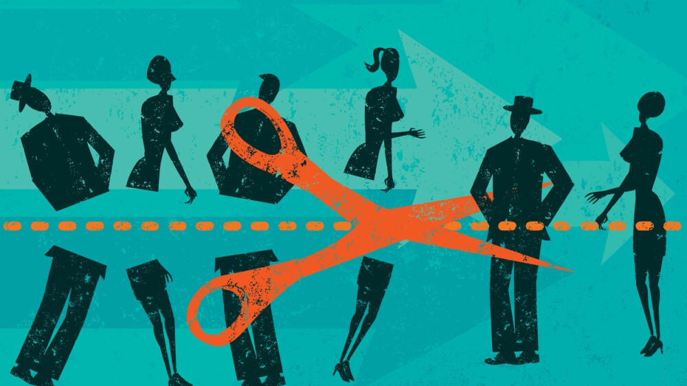 Illustration showing large scissors cutting employees in half