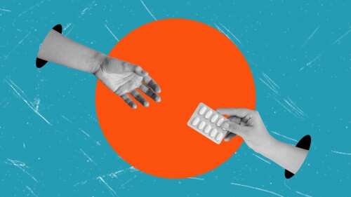 A contemporary artistic collage depicting a hand holding pills, passing them to another hand. The concept of medication and treatment.