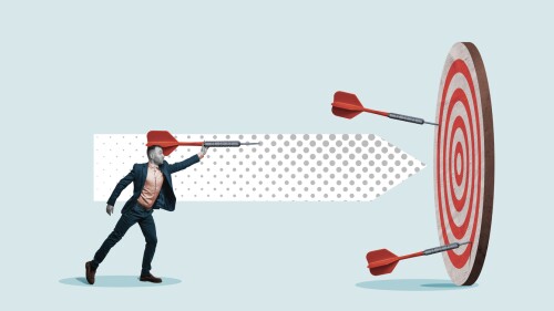 Businessman holding a dart aiming at the target - business targeting, aiming, focus concept. Art collage.