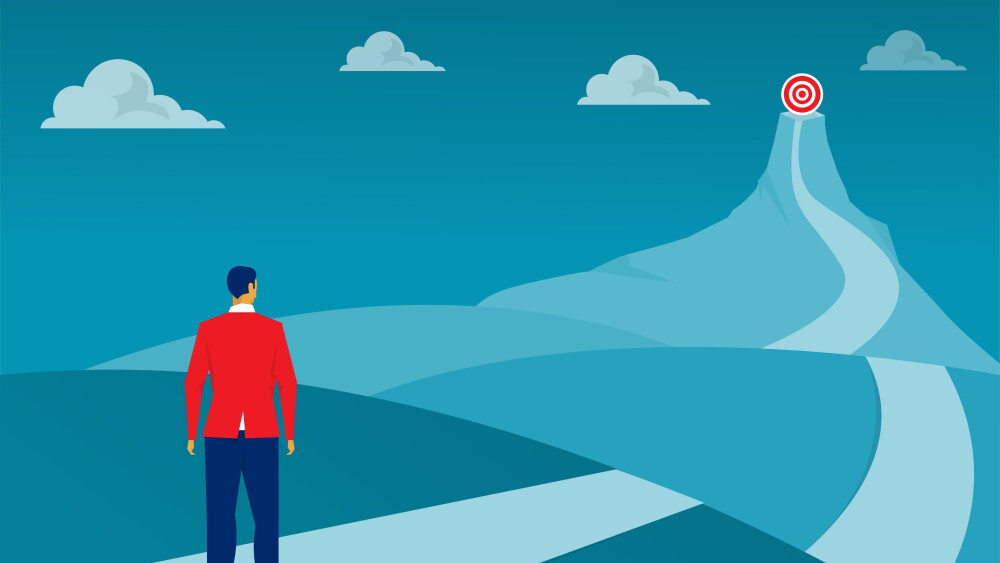 Businessman standing on the top of the mountain adventure go to goal. vector illustrator