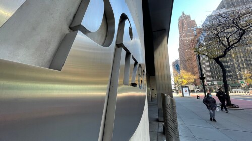 East 42nd Street in New York City, Home of Pfizer Maker of Medicines and the First Approved Covid-19 Pandemic in the United States