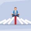 Calm Businessman Meditating on Red Domino Preventing Chain Reaction and Crisis 2d flat vector illustration