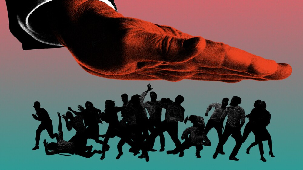 Large hand making pressure over group of small, silhouetted figures. Oppressions, manipulation. Contemporary art collage. Photocopy effect. Concept of world crisis, business, economy, control