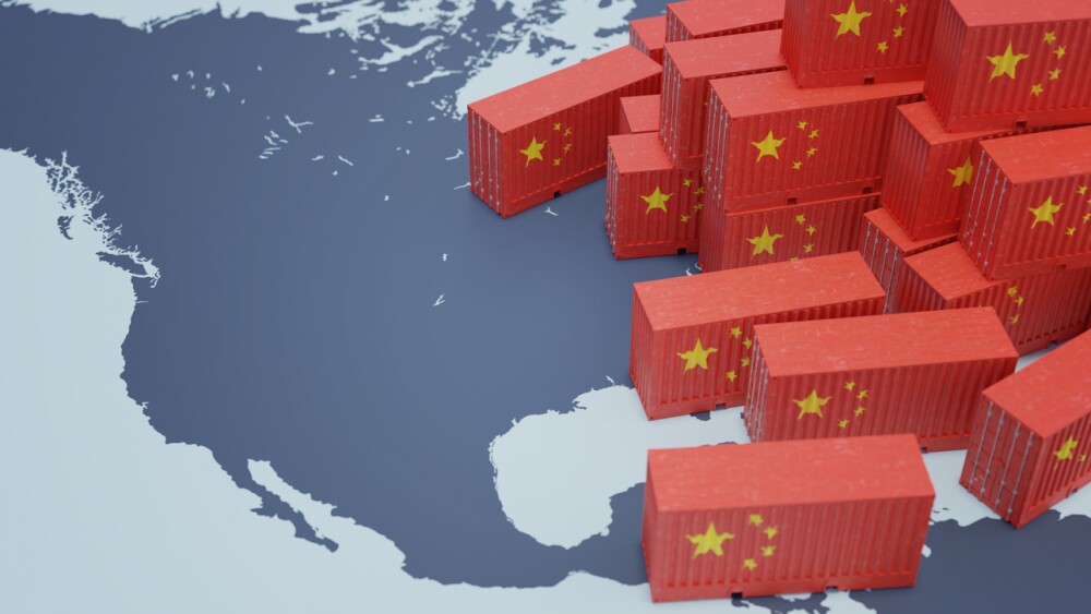 Chinese cargo containers on map of USA. Import of chenese goods concept. 3D rendered illustration.