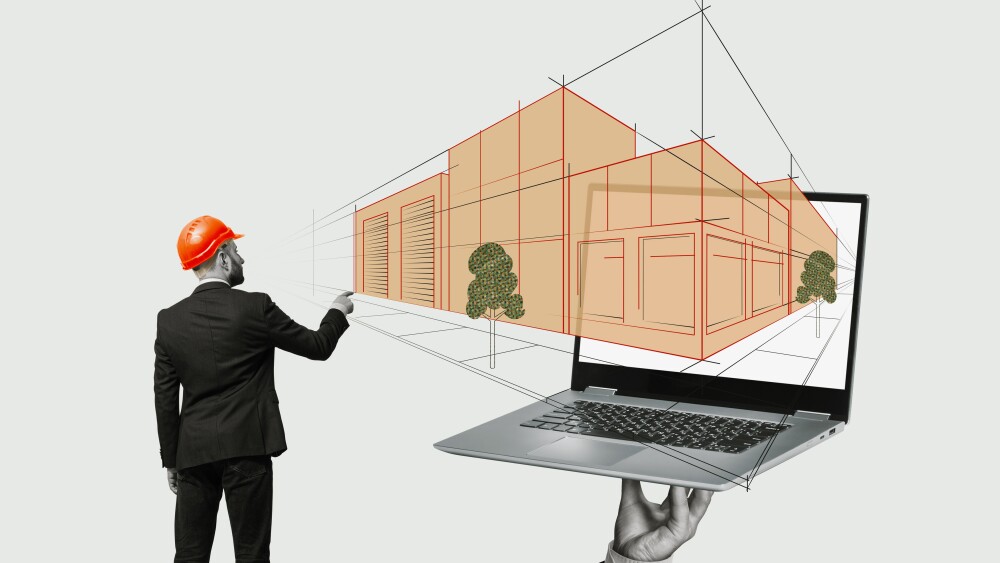 An architect designs a building on a laptop. Art collage.