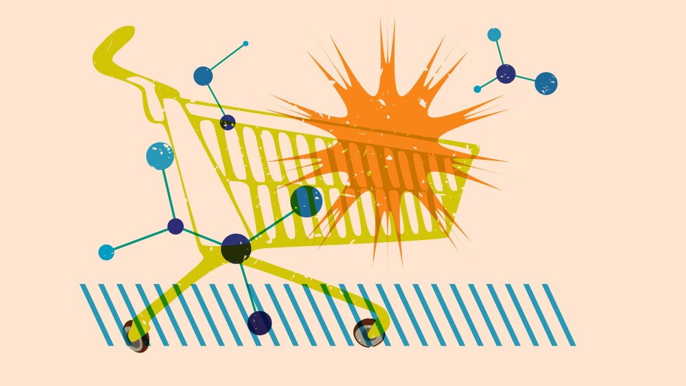 Risograph Shopping Cart with geometric shapes. Objects in trendy riso graph print texture style design with geometry elements.