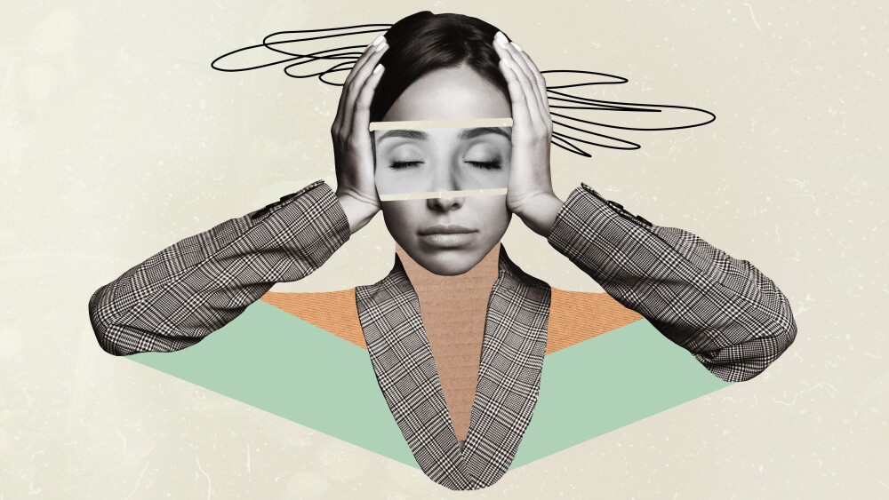 Creative artwork strange collage of woman touch head suffer terrible tension ache.