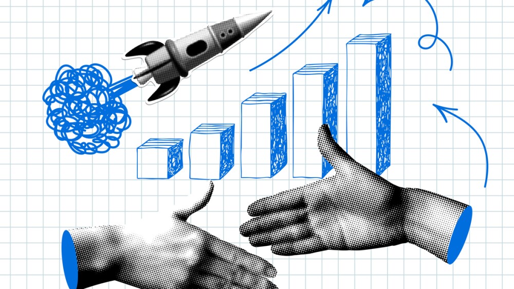 Illustration with handshake, rocket launch and sales chart