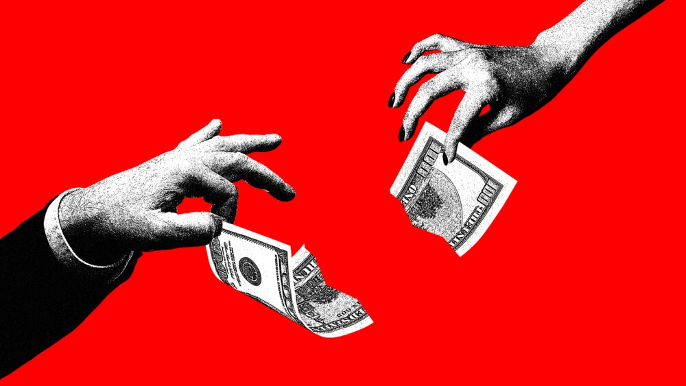 Hands tearing money over red background. Professional challenges, disagreement, greed. Contemporary art collage. Concept of financial literacy, economic, business, money