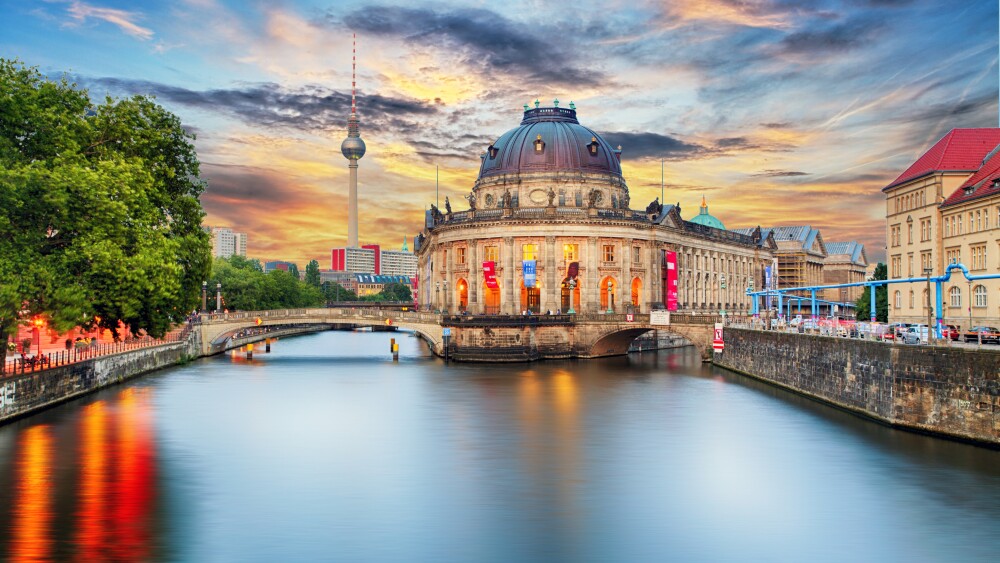 Museum island on Spree river and Alexanderplatz TV tower in center of Berlin, Germany