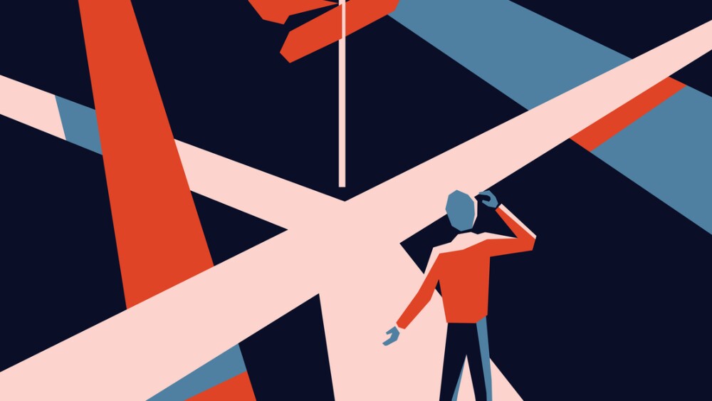 Illustration showing confused man standing on crossroads and looking at signpost with three different directions