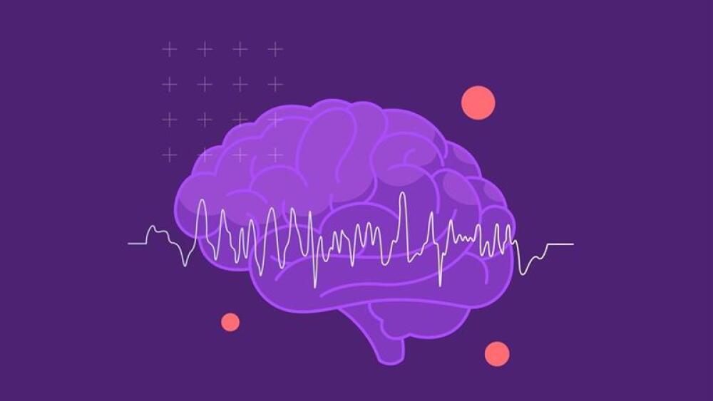 illustration of purple brain overlaid with brain waves