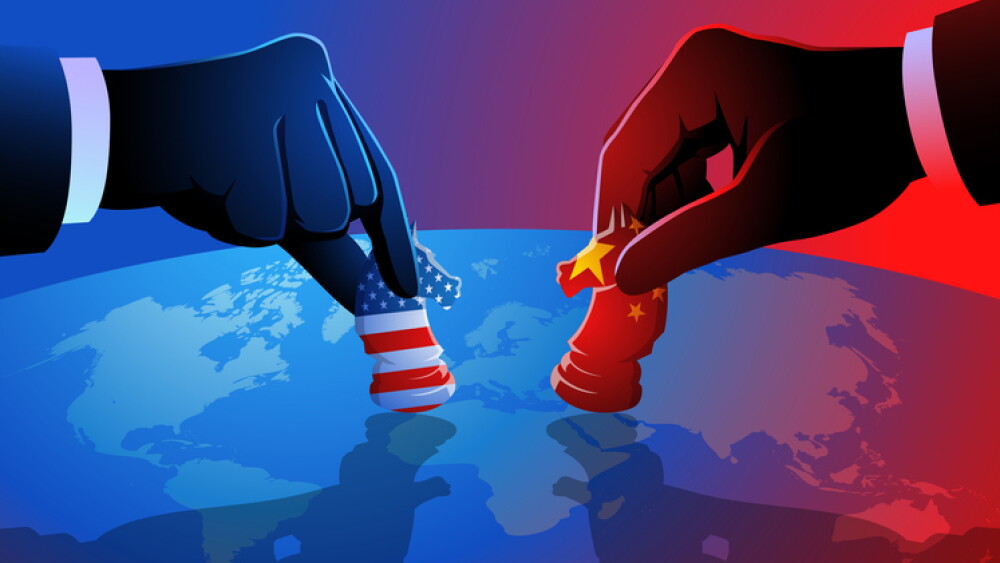 Vector illustration of a chess game between the United States and China played over a world map, symbolizing their strategic moves and competition for global influence