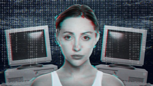Pictured: Woman with Vintage Computers/Taylor Tied