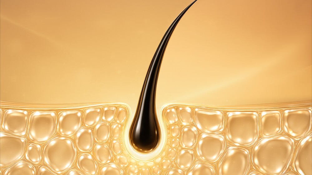 3D illustration of hair root growing from skin cells, symbolizing strength, growth, and nourishment. Perfect for haircare, cosmetic advertising, medical research, and healthcare concepts.