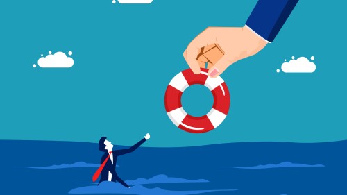 Business bankruptcy assistance concept. businessman on a paper boat and rescues a drowning man vector
