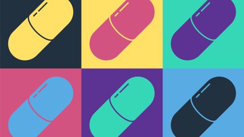 Pop art Medicine pill or tablet icon isolated on color background. Capsule pill and drug sign. Pharmacy design. Vector Illustration