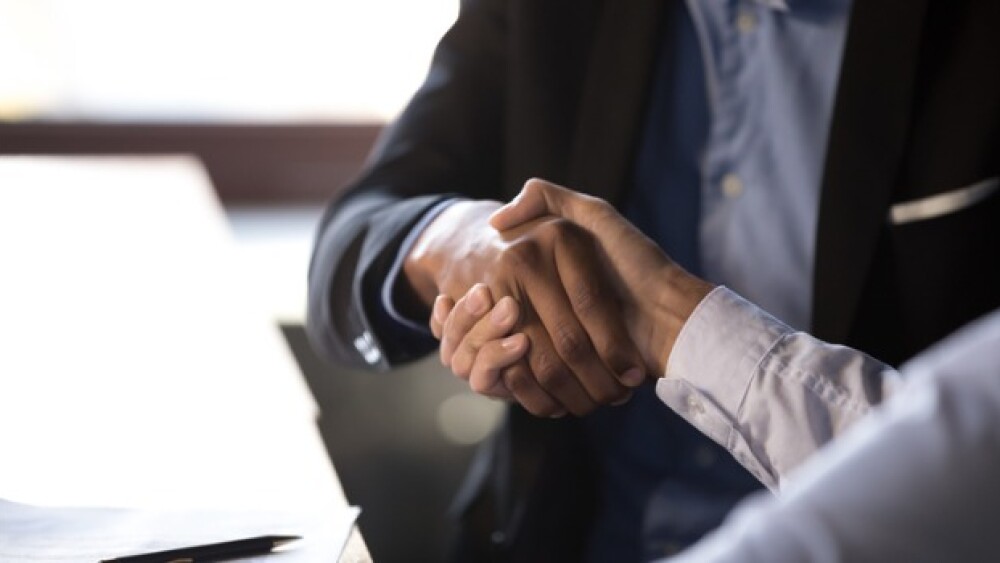 Pictured: Two business professionals in suits shaking hands