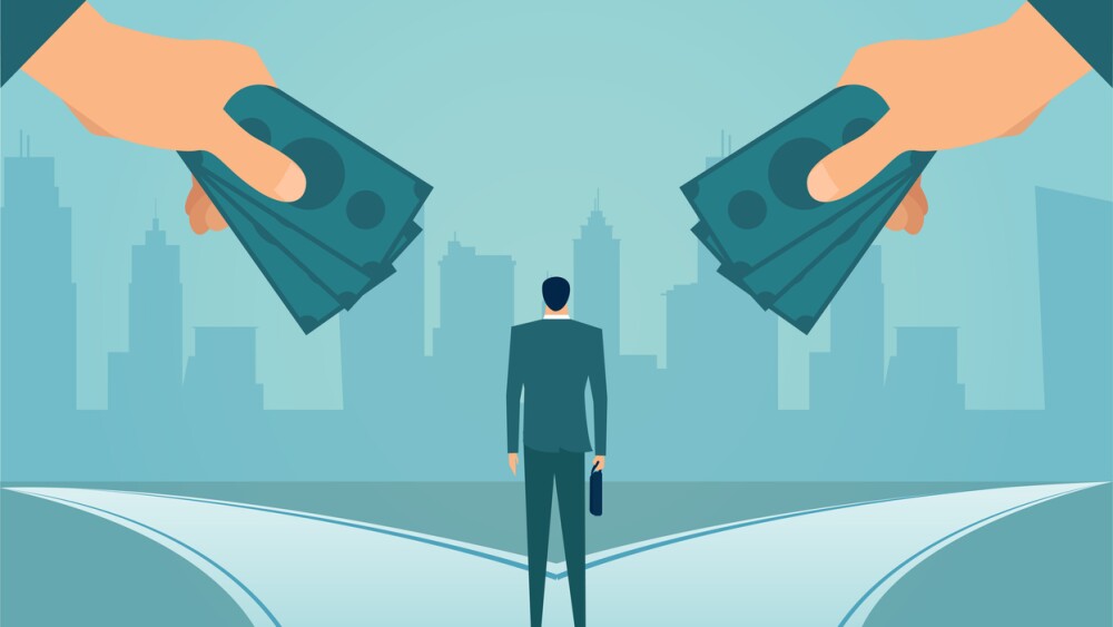 Vector of a businessman standing at cross his career being offered financial incentives