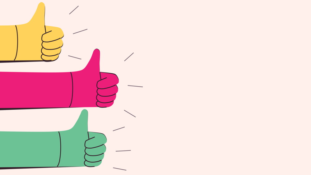Illustration of hands with thumbs up in a row, radiating positivity and consensus in bright tones on a clean background