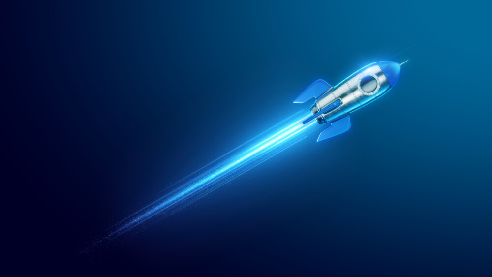 Rocket on blue background, startup concept. 3d illustration
