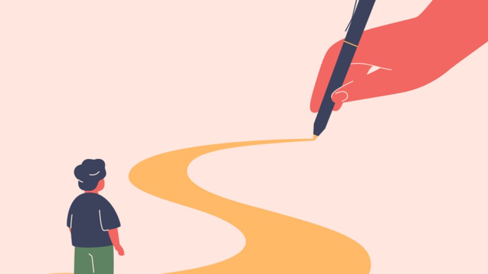 Adults hand drawing pathway for baby boy. Parent influence on child development and future. Parental control and support for growth and education of kid. vector