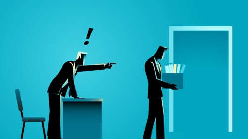 Illustration showing businessman bringing personal items in box stock