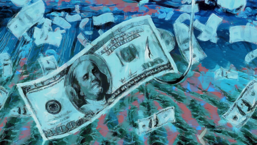 Surreal painting. Hundred dollars banknote on hook.