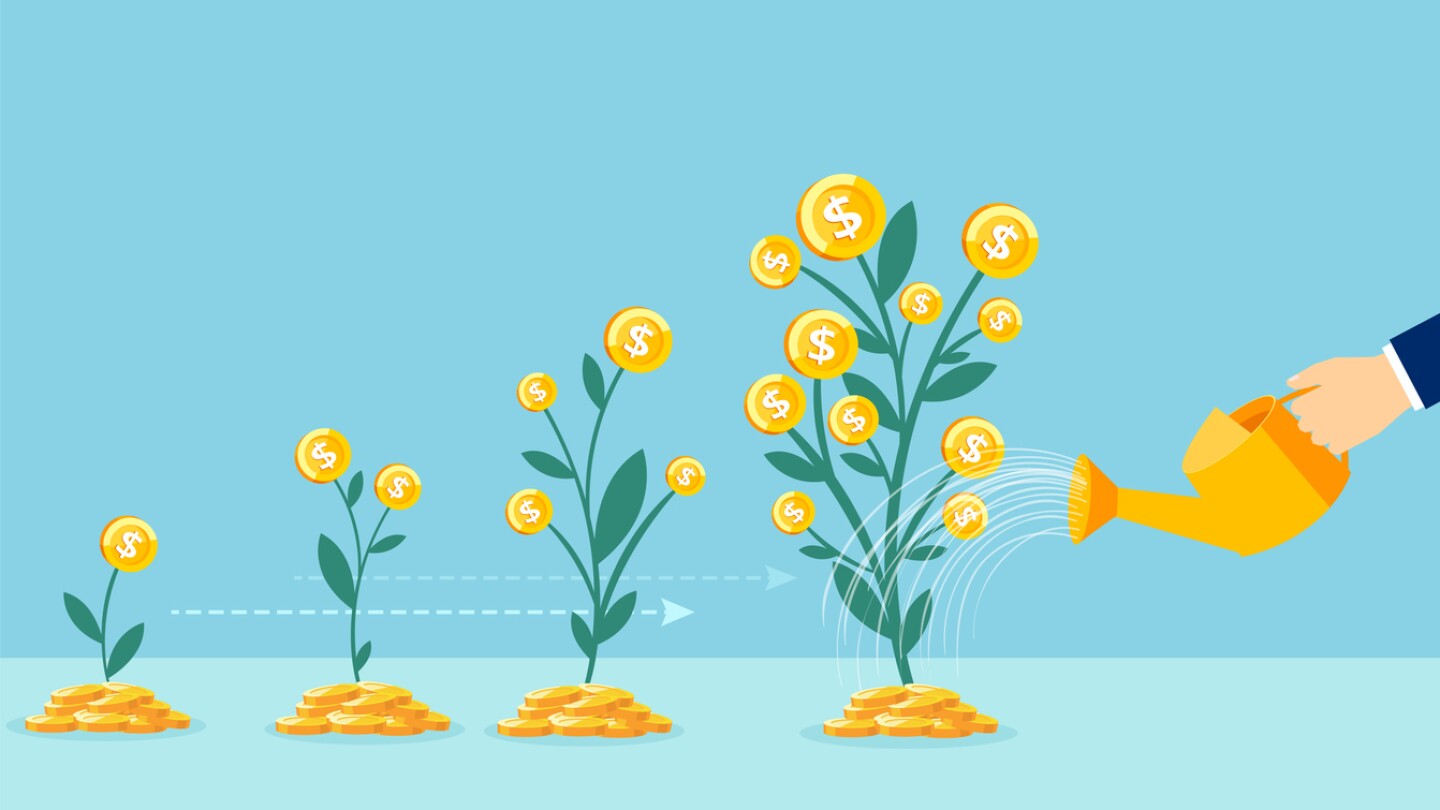 Business growth concept. Vector of a business man hand with pot watering profitable money tree