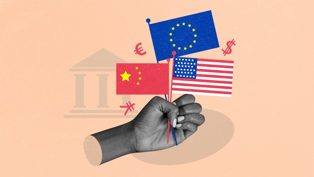 Exclusive magazine collage image of hand hold flag yuan euro dollar currency trade war bank usa europe china economy embargo.