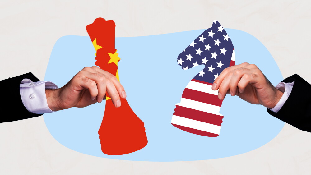 3d sketch poster trend collage image of hands hold chess figurine knight queen rival china america trade war economic problem.