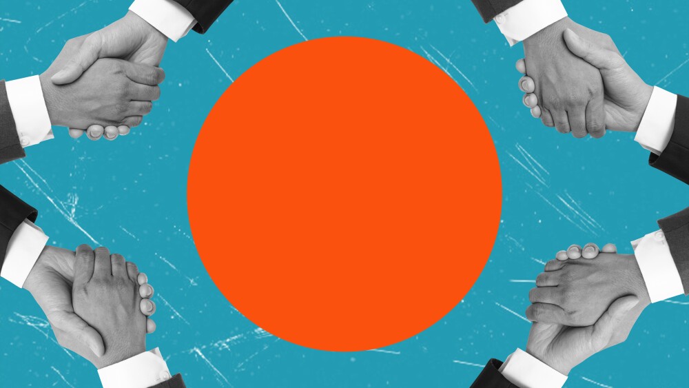 Close the deal by shaking hands. Art collage. Orange circle in the center.
