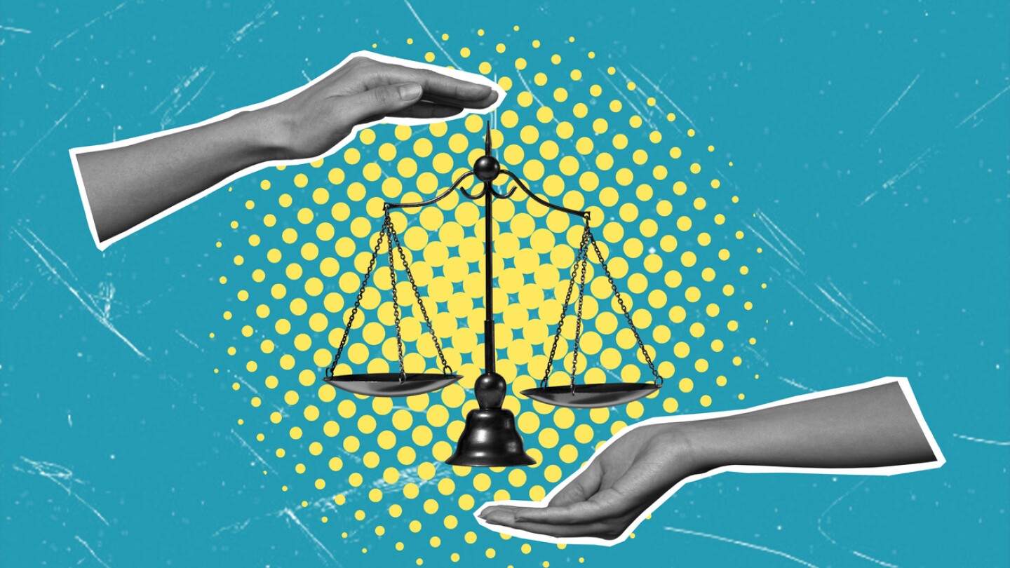 Art collage, hands and scales of justice. The concept of the law of the judge.