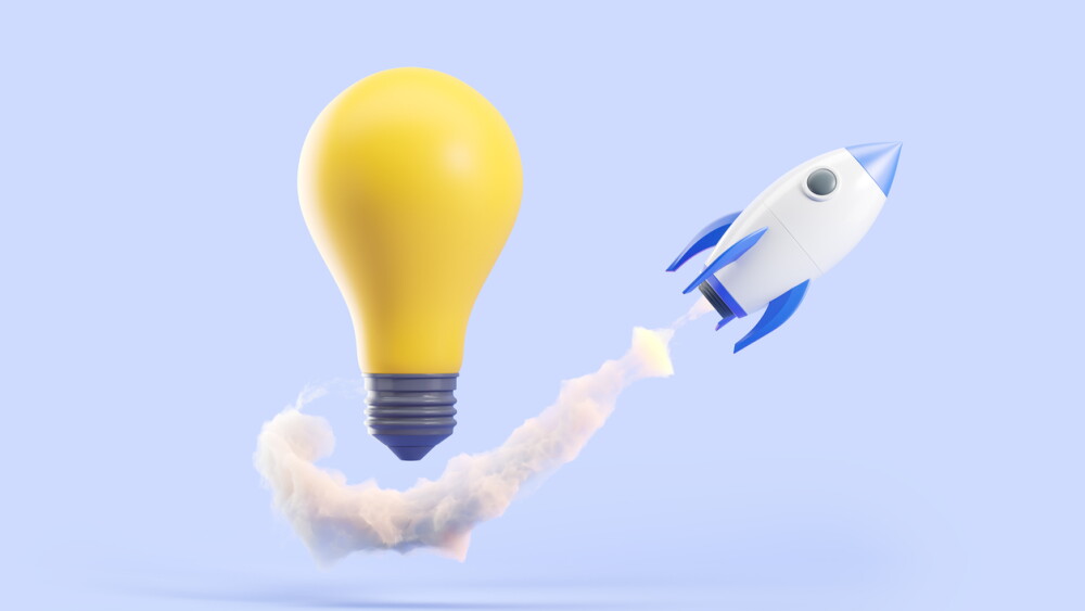 Rocket takeoff, gold light bulb on light blue background. Concept of start up launch and creativity. 3D rendering