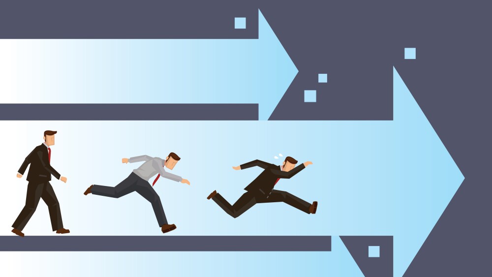 Business people run on the arrows. Business concept of competition or target aiming. Flat vector illustration.