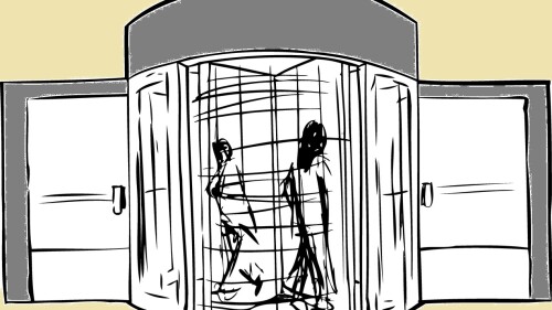 Outline of two people moving through revolving doorway