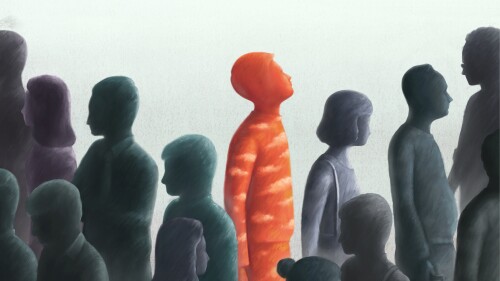 Unique contrast freedom hope leadership concept, red man looking at sky from the crowd, surreal painting illustration