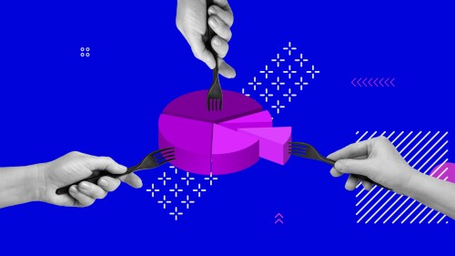 Limited resources, profit distribution, resource sharing concept. Three hands with forks and one pie chart. Minimalist collage