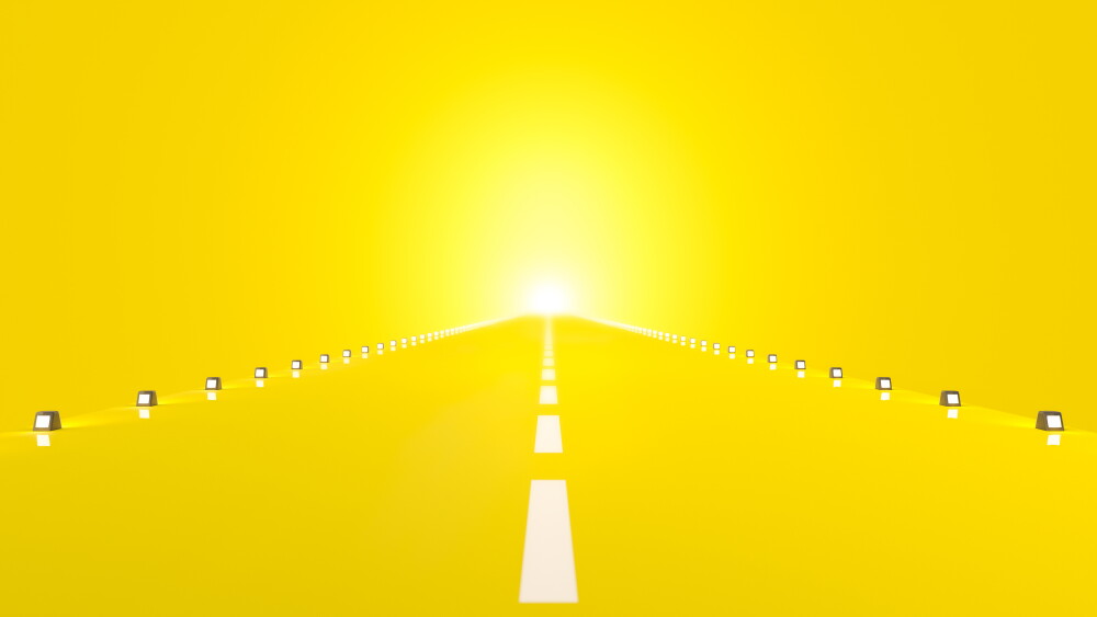 Yellow road That has bright light at the destination, 3D Render.