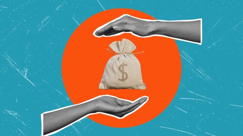 Contemporary art collage, female palms in the orange circle, a bag of money. Concept of business and finance.