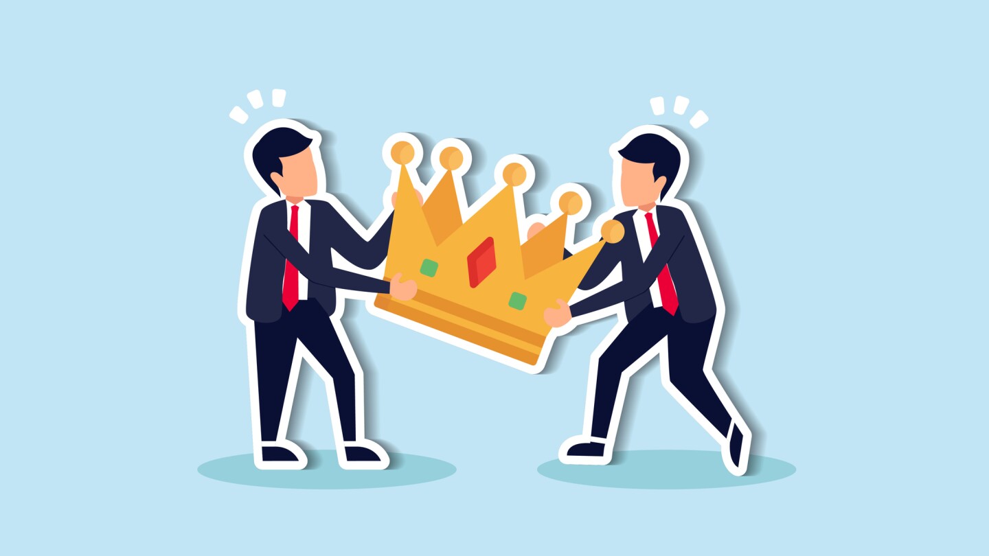 Workplace conflict Job rivalry, jealousy among colleagues concept, angry coworker fighting by pulling golden crown metaphor of job promotion position.