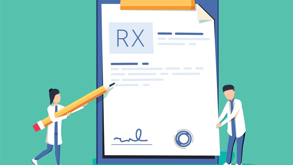 Miniature doctor writing prescription. Clipboard whit signature. Rx prescription form. Medical prescription pad. Vector illustration flat design style. Medical background, template. Online clinic