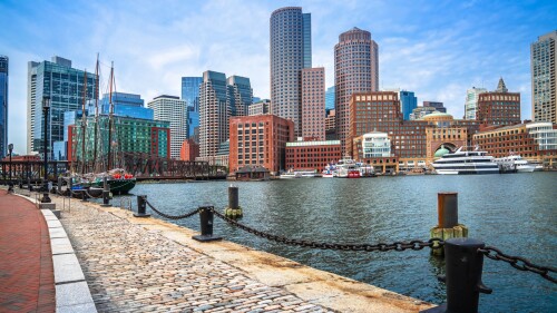 Boston harbor and cityscape skyline view, Massachusetts, USA