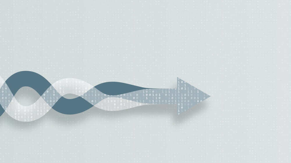 Two connecting arrows symbolizing artificial intelligence and humans working together to achieve a common goal, isolated on a light digital abstract background. Vector illustration.