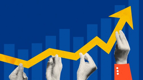 Illustration showing hands holding arrow that goes up and down a few times and ends up in upward direction