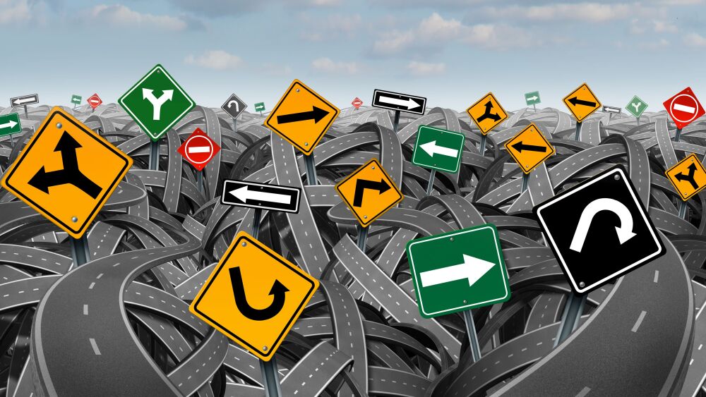 Direction uncertainty with a landscape of confused tangled roads and highways and a group of traffic signs competing for influence as a symbol of the challenges of planning a strategy for success.