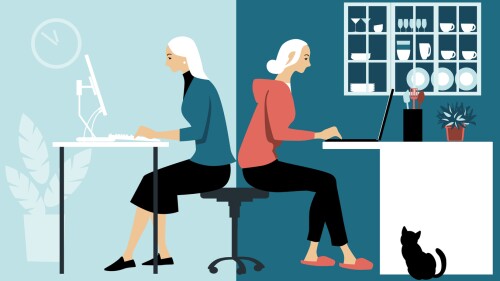 Illustration showing woman in hybrid workplace sharing her time between an office and working from home remotely