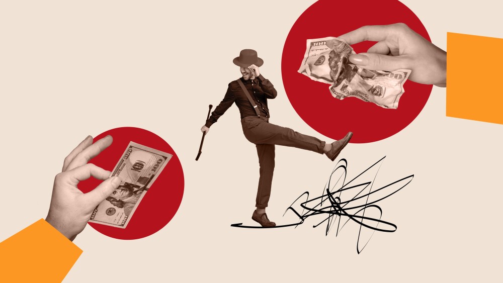 Poster collage of happy funky guy celebrating success wealth receive give crumpled banknotes isolated on drawing colorful background.