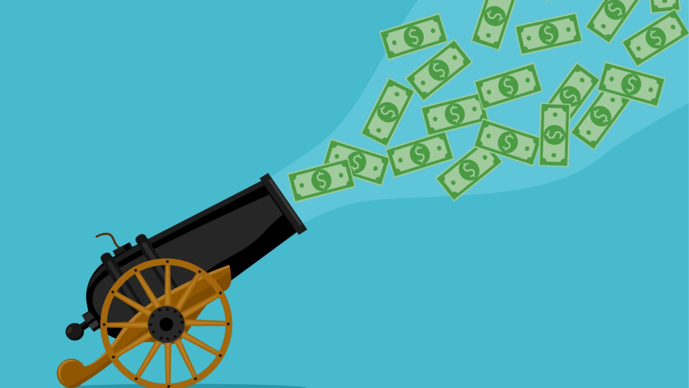 A cannon fires bullets as a banknote. Money flow concept. business vector stock illustration
