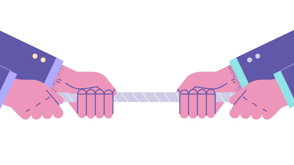 Confrontation and opposite opinions concept. Business people hands pulling rope in opposite directions in office showing power and leadership vector illustration